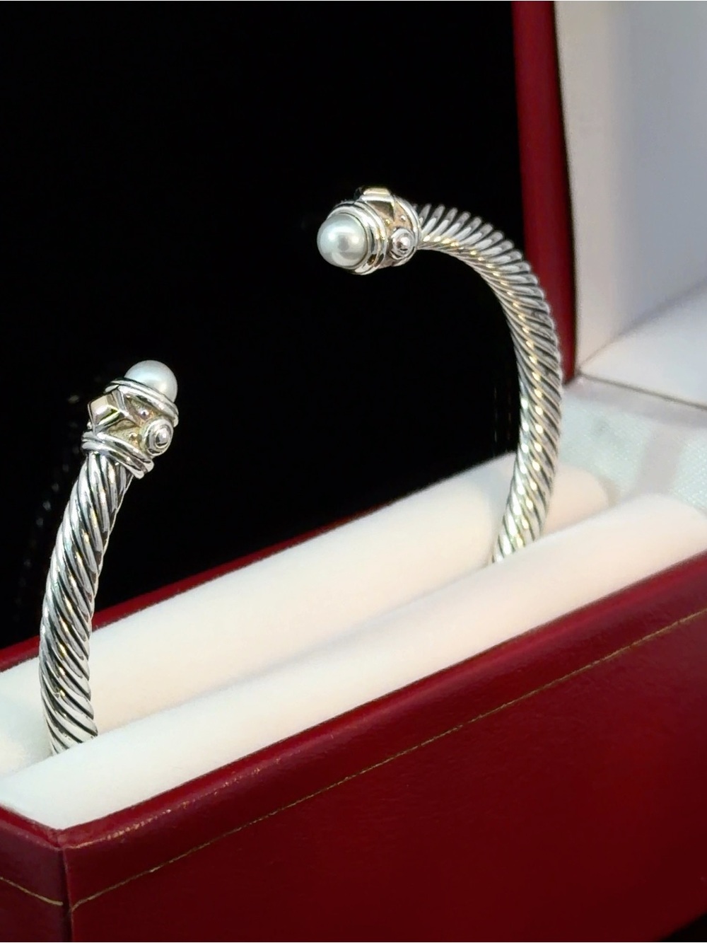 David Yurman Sterling Silver Cable Cuff Bracelet with White Pearls - Picture 4 of 7